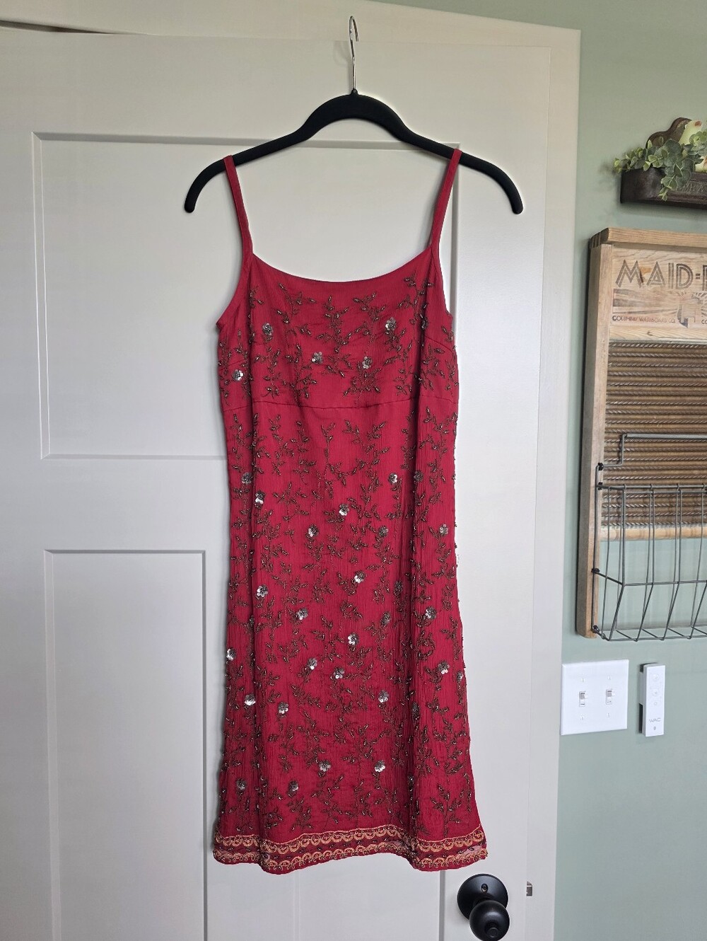 Vintage Express Red Silk Beaded Slip Dress Y2K Junior Size 1 Lace Hem